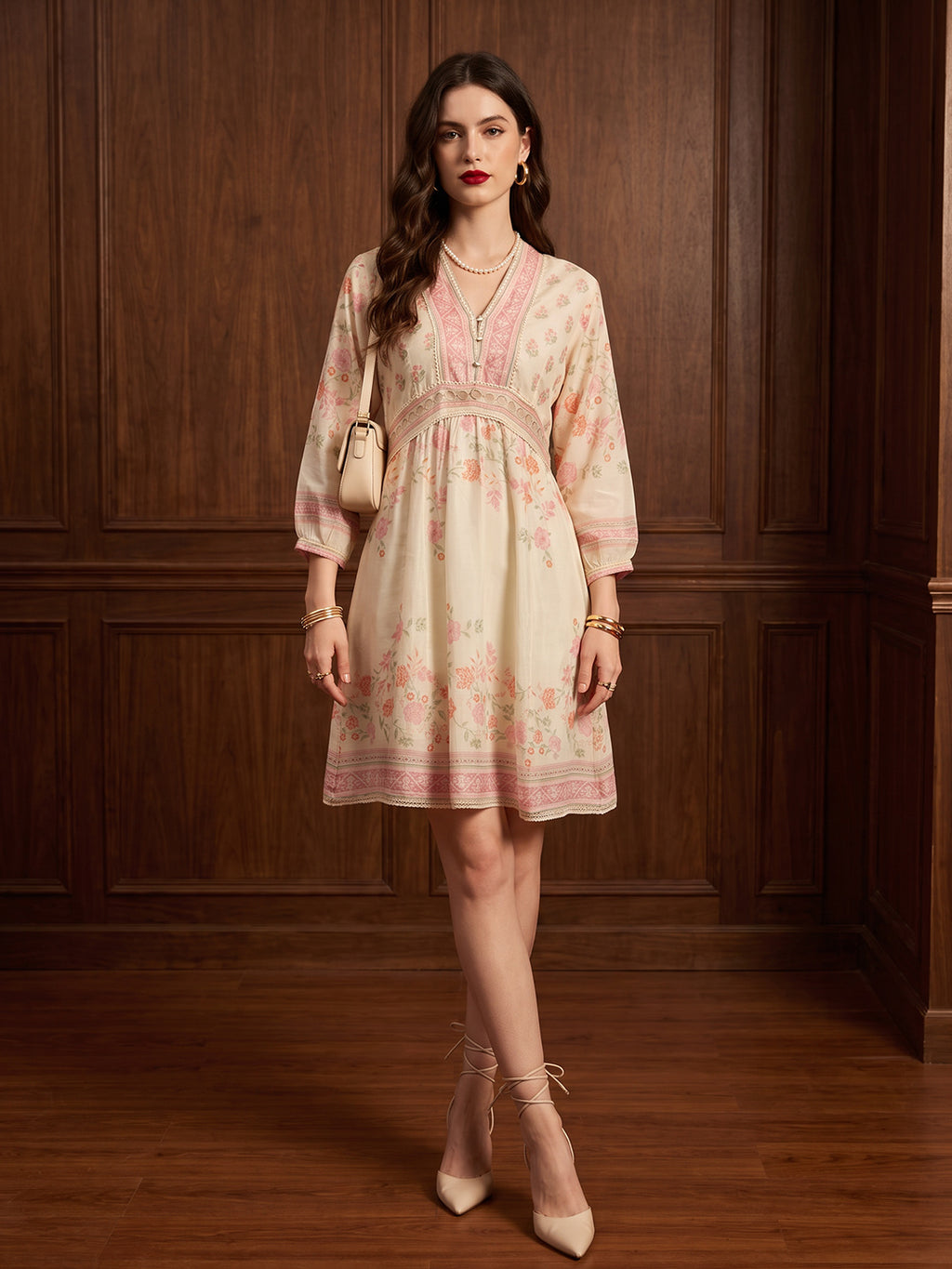 Zummer Women's Cream Floral Printed Fit & Flare Short Dress with Lace Inserts