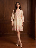Zummer Women's Cream Floral Printed Fit & Flare Short Dress with Lace Inserts