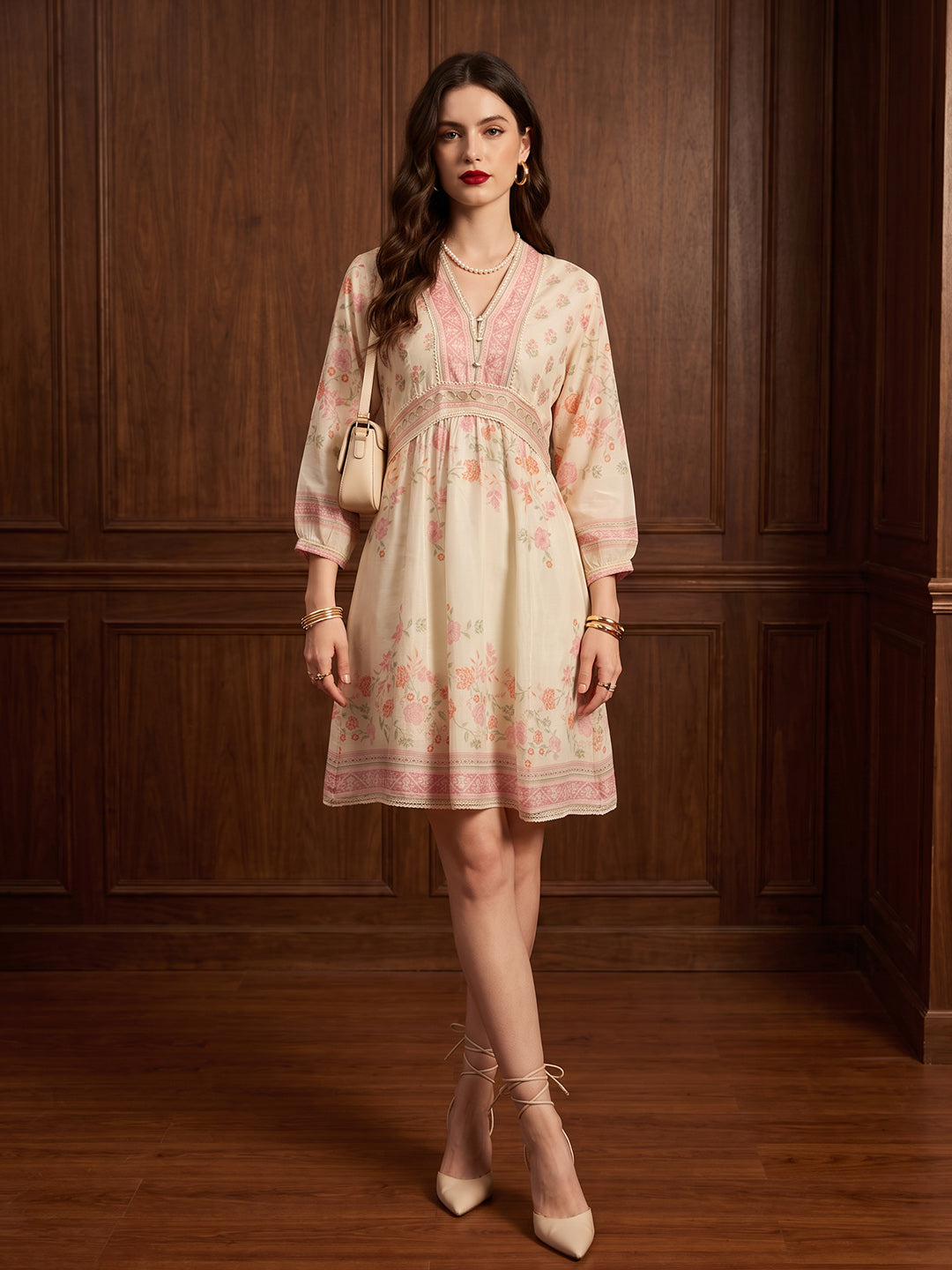 Zummer Women's Cream Floral Printed Fit & Flare Short Dress with Lace Inserts
