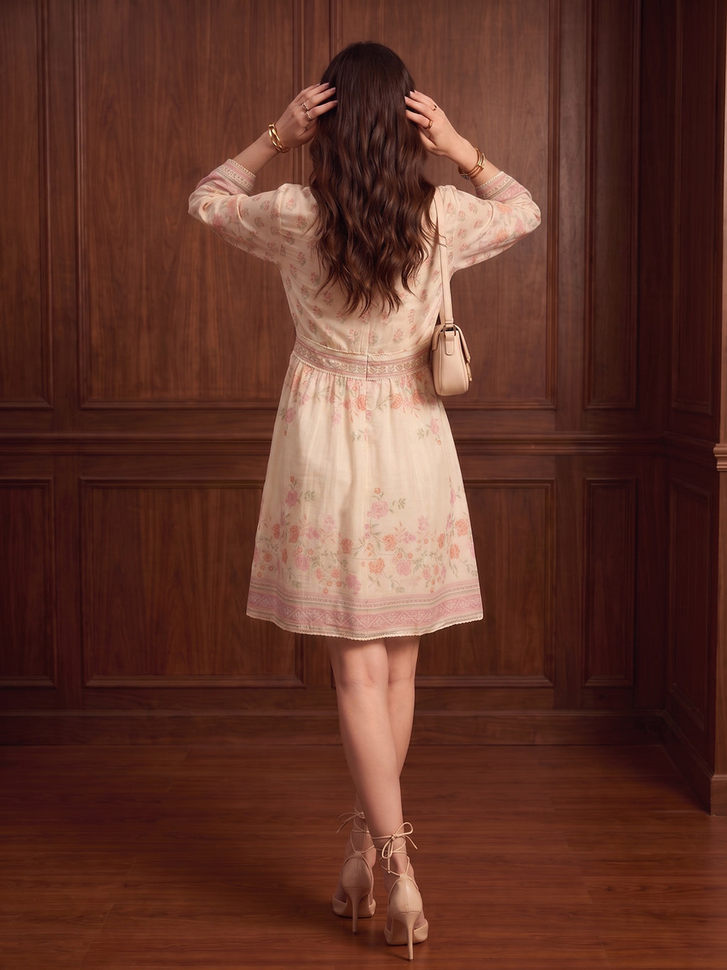 Zummer Women's Cream Floral Printed Fit & Flare Short Dress with Lace Inserts