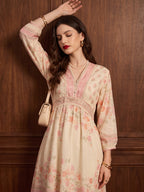 Zummer Women's Cream Floral Printed Fit & Flare Short Dress with Lace Inserts