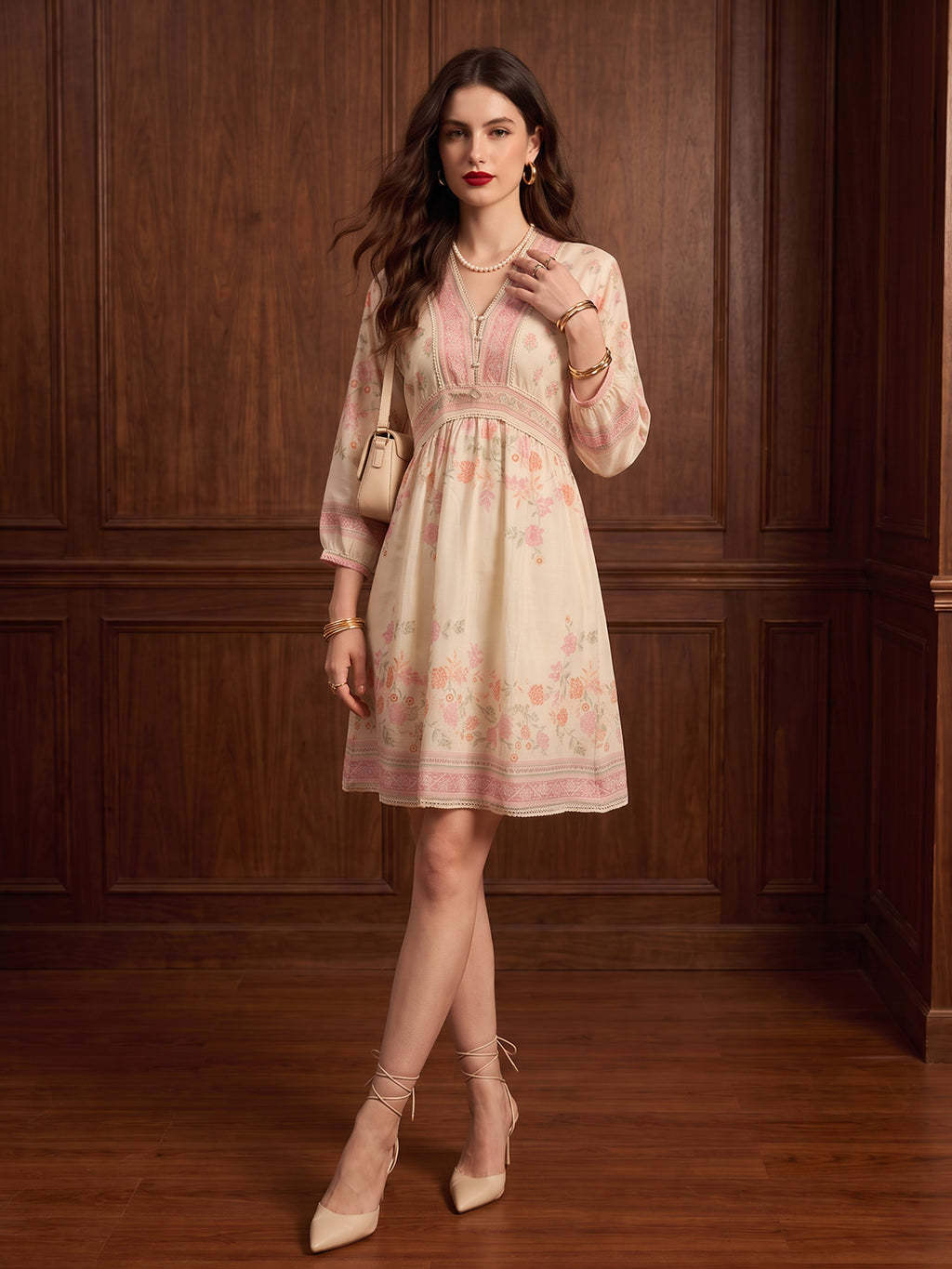 Zummer Women's Cream Floral Printed Fit & Flare Short Dress with Lace Inserts