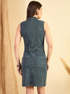 Green Wash Denim Sleeveless Mini Dress