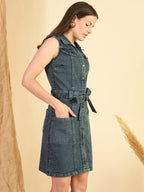 Green Wash Denim Sleeveless Mini Dress
