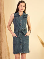 Green Wash Denim Sleeveless Mini Dress