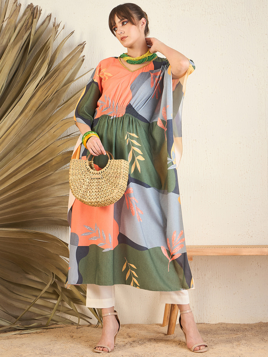 Green V-Neck Embellished Kaftan Dress