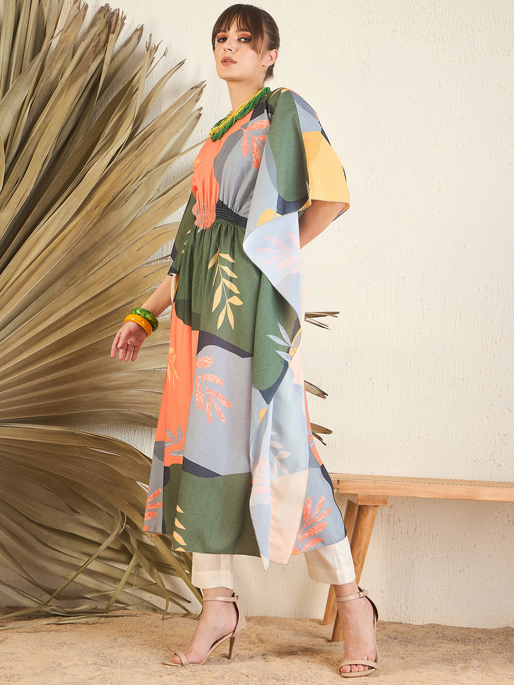 Green V-Neck Embellished Kaftan Dress