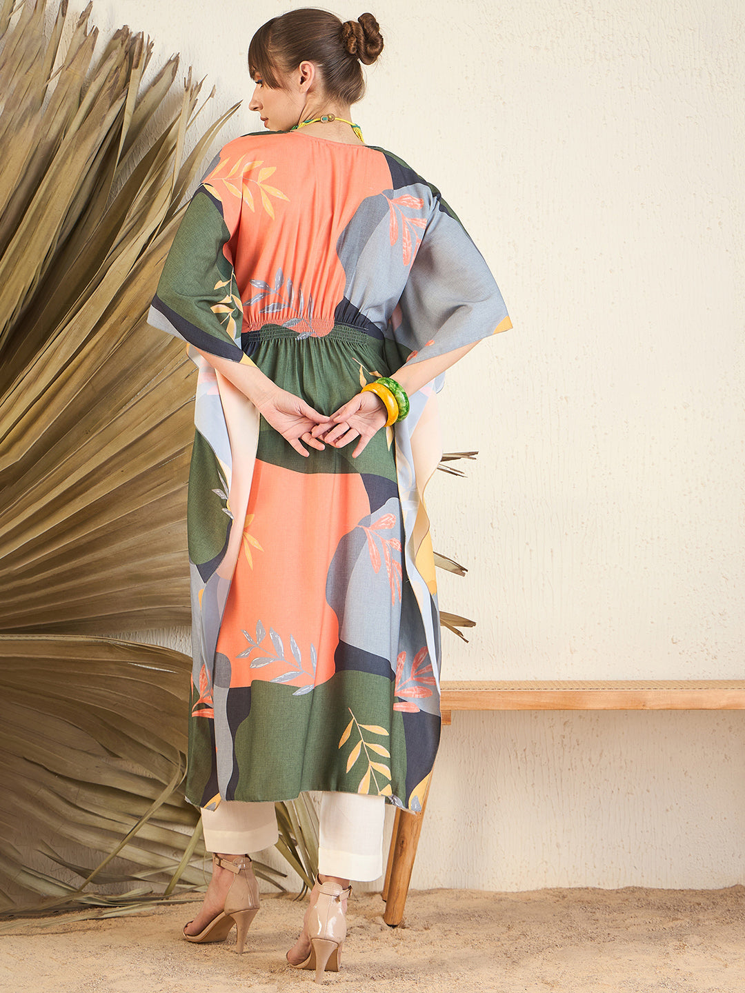 Green V-Neck Embellished Kaftan Dress