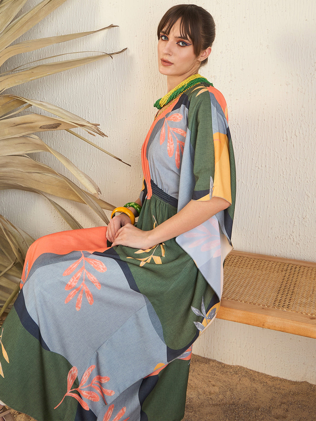 Green V-Neck Embellished Kaftan Dress