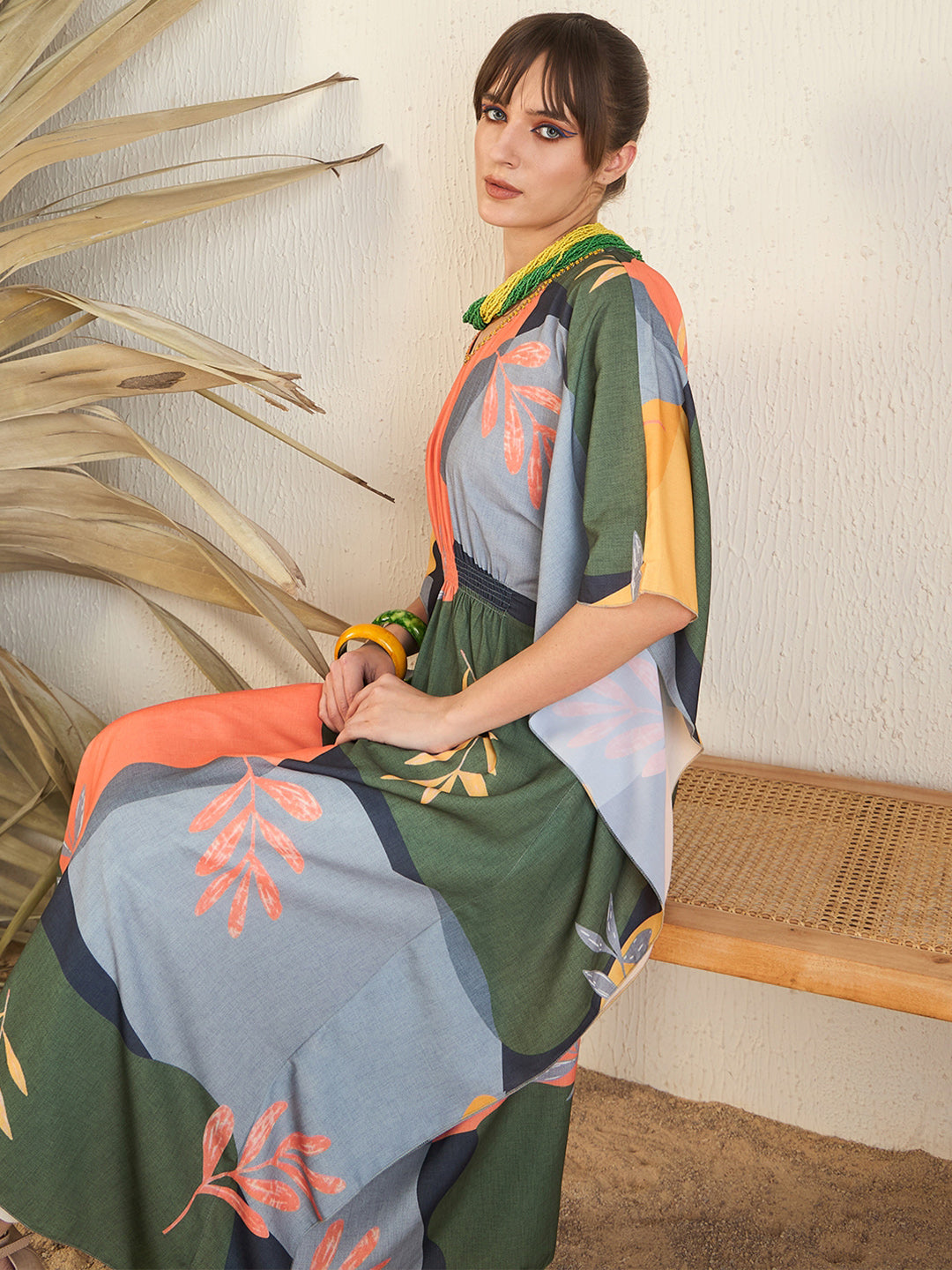 Green V-Neck Embellished Kaftan Dress