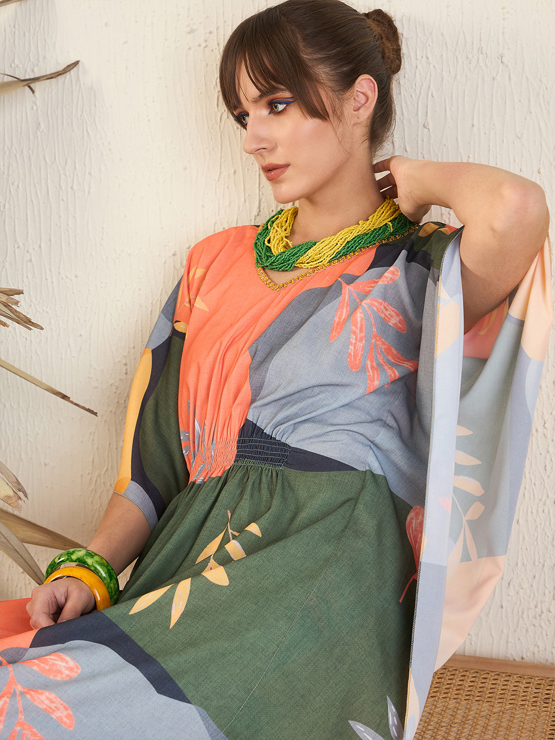 Green V-Neck Embellished Kaftan Dress