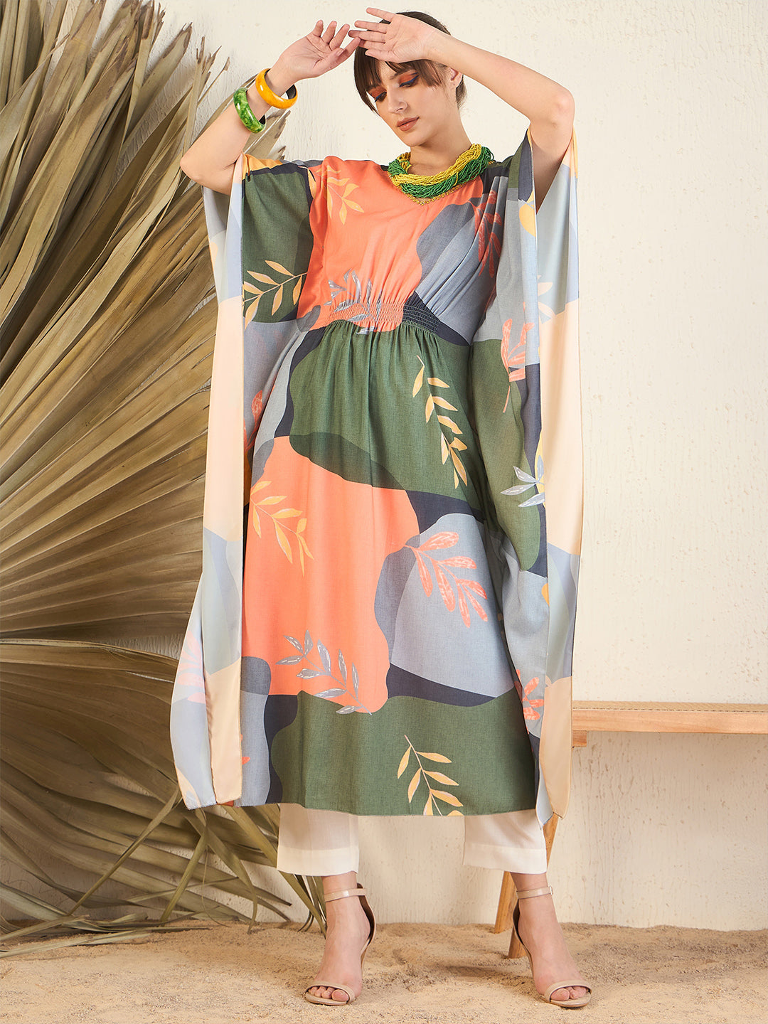 Green V-Neck Embellished Kaftan Dress