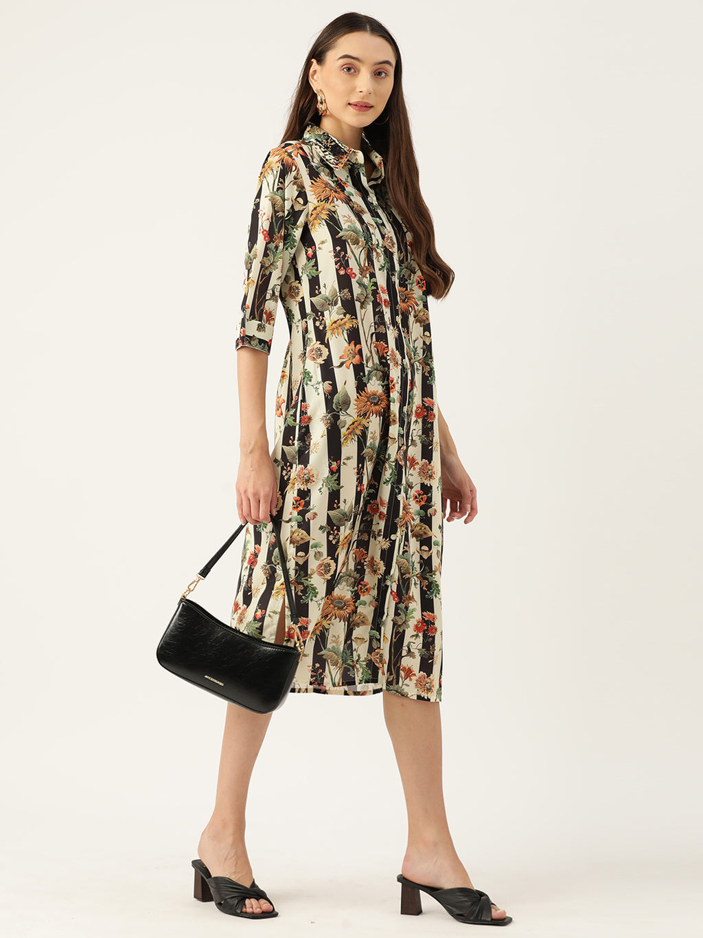 Floral Printed Collar Embellished Midi Dress