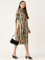 Floral Printed Collar Embellished Midi Dress