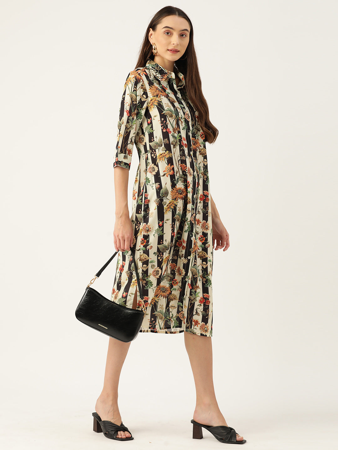 Floral Printed Collar Embellished Midi Dress