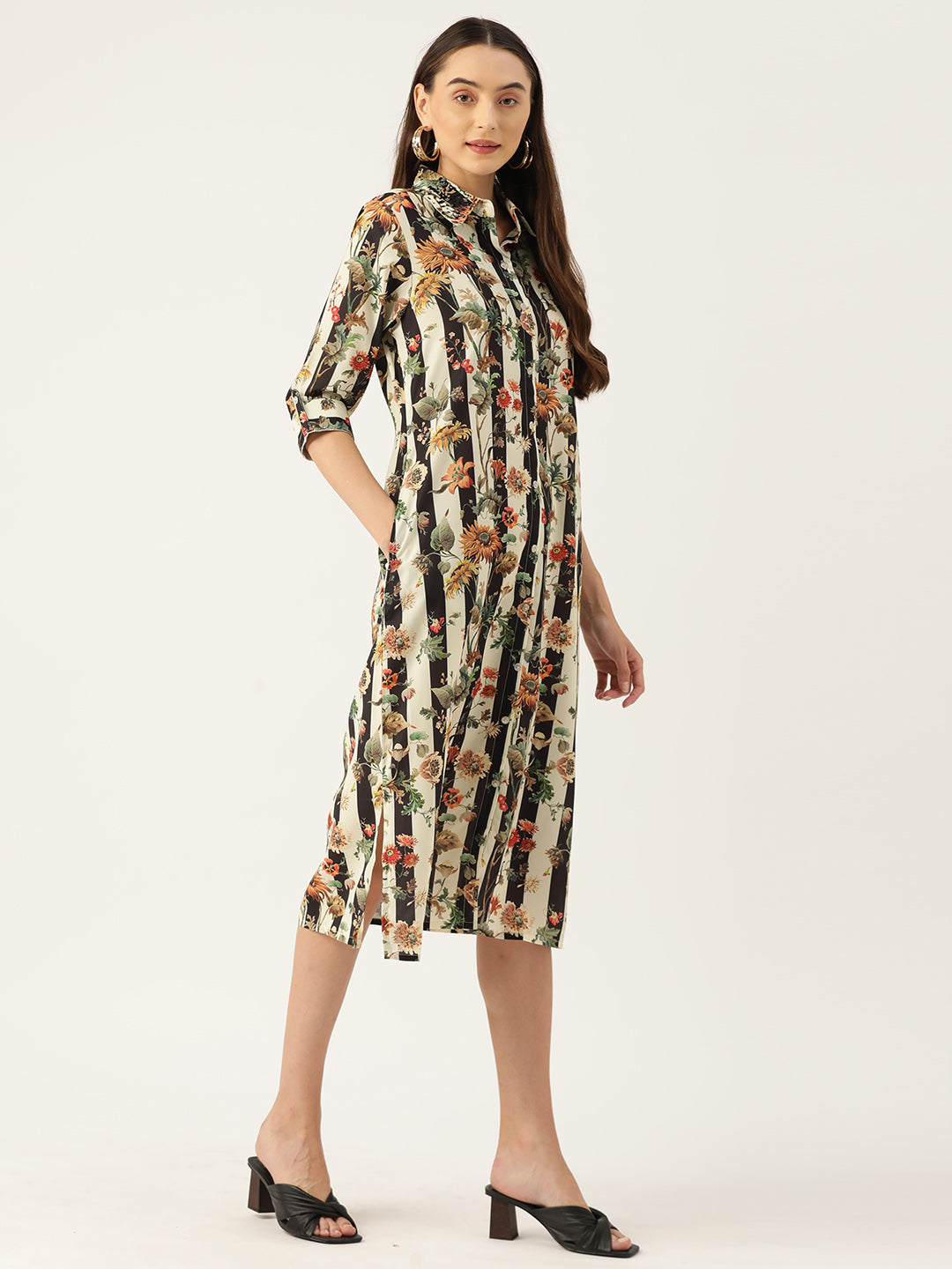 Floral Printed Collar Embellished Midi Dress