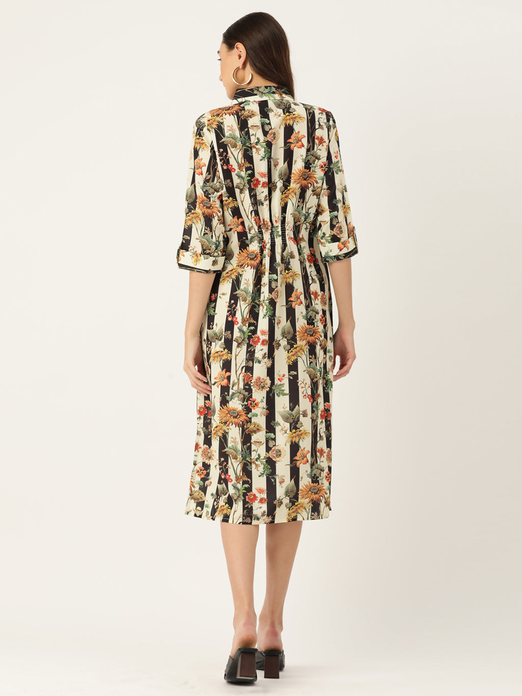 Floral Printed Collar Embellished Midi Dress