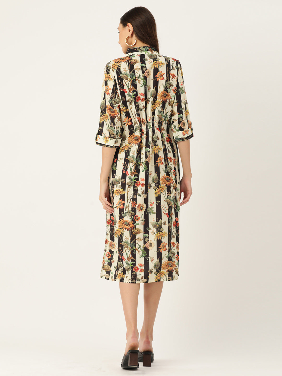 Floral Printed Collar Embellished Midi Dress