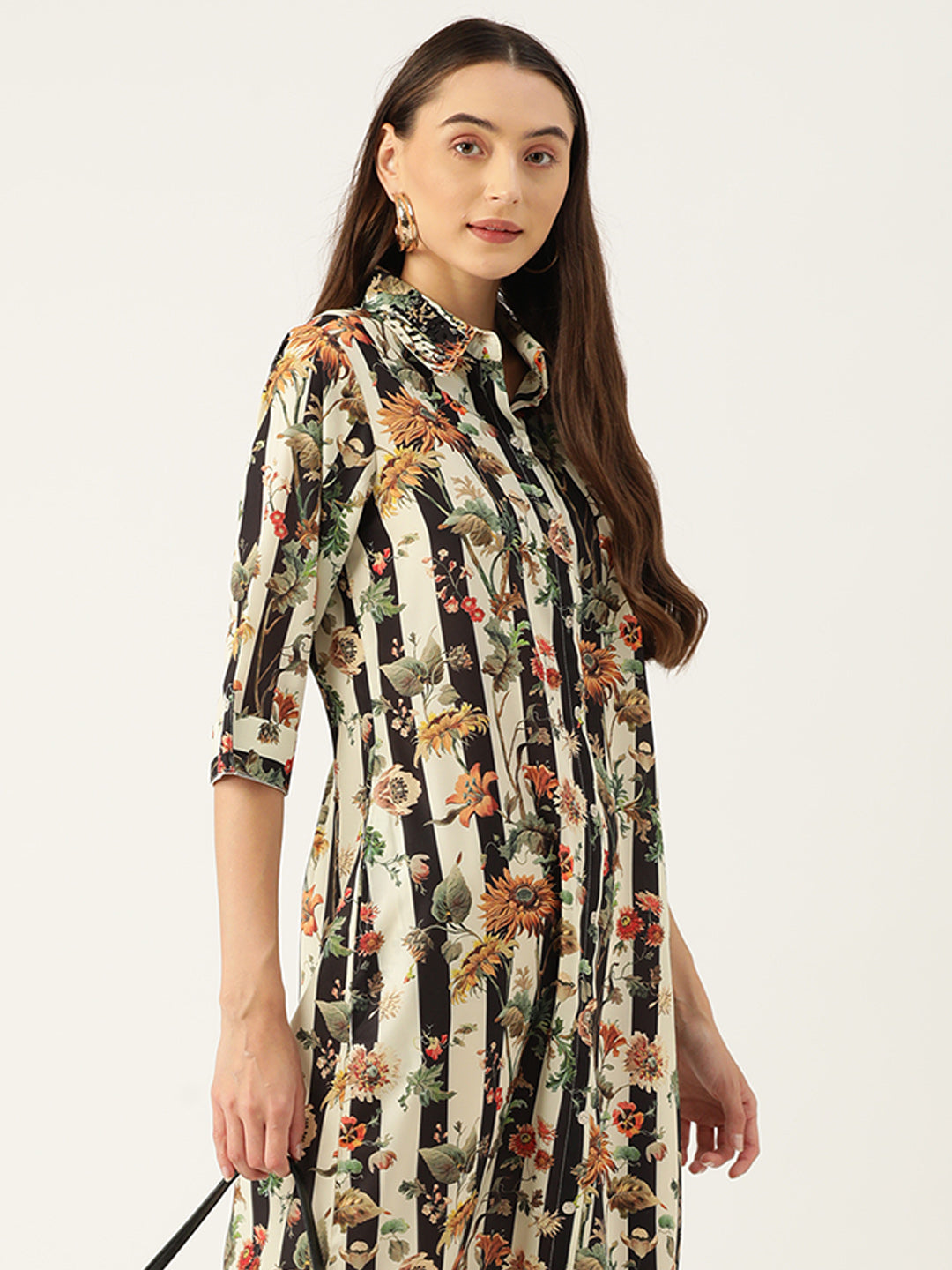 Floral Printed Collar Embellished Midi Dress