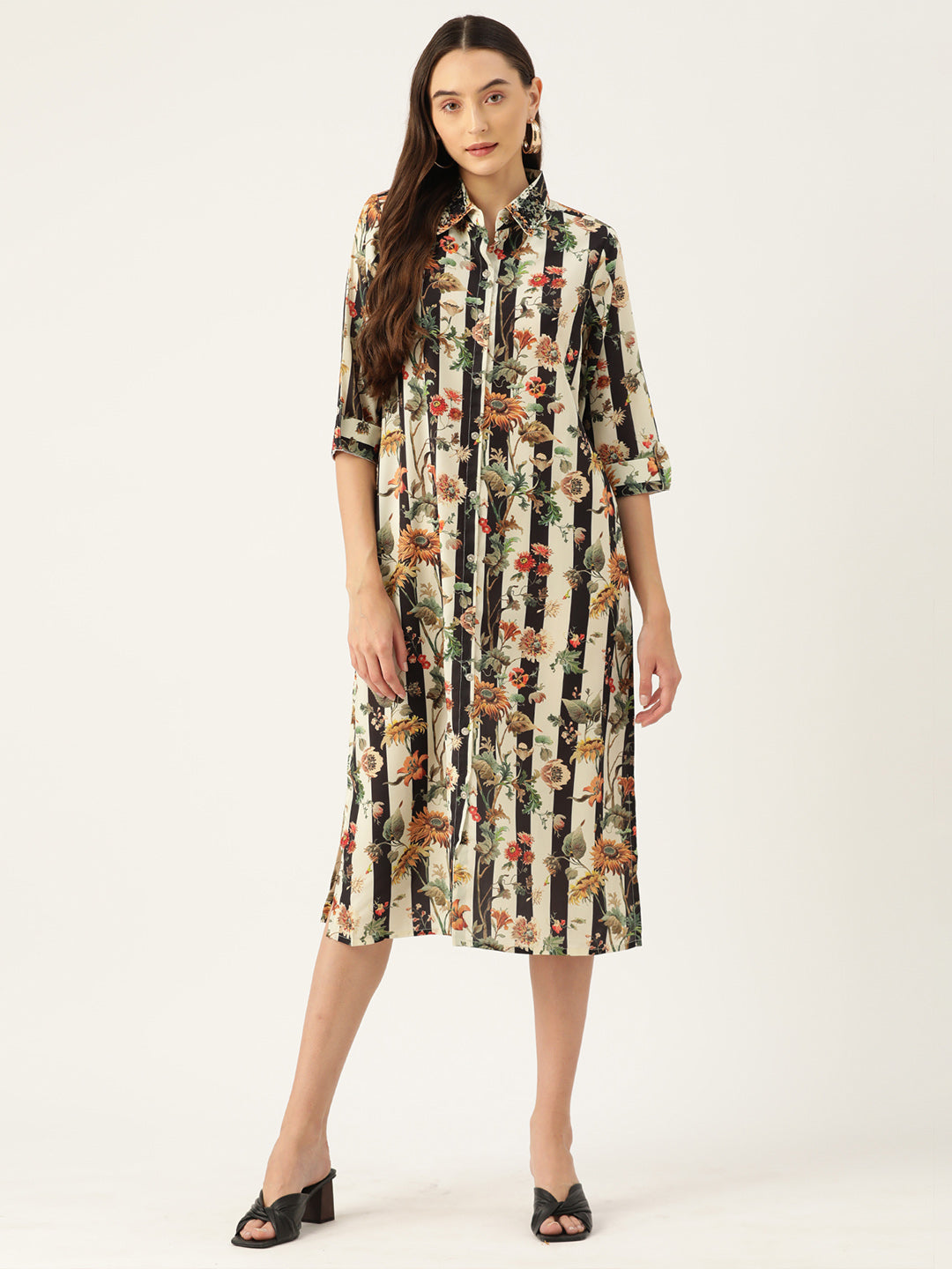 Floral Printed Collar Embellished Midi Dress
