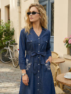Navy Blue Denim Embroidered A-Line Dress