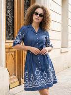 Zummer Denim Embroidered Dress – Navy Above Knee