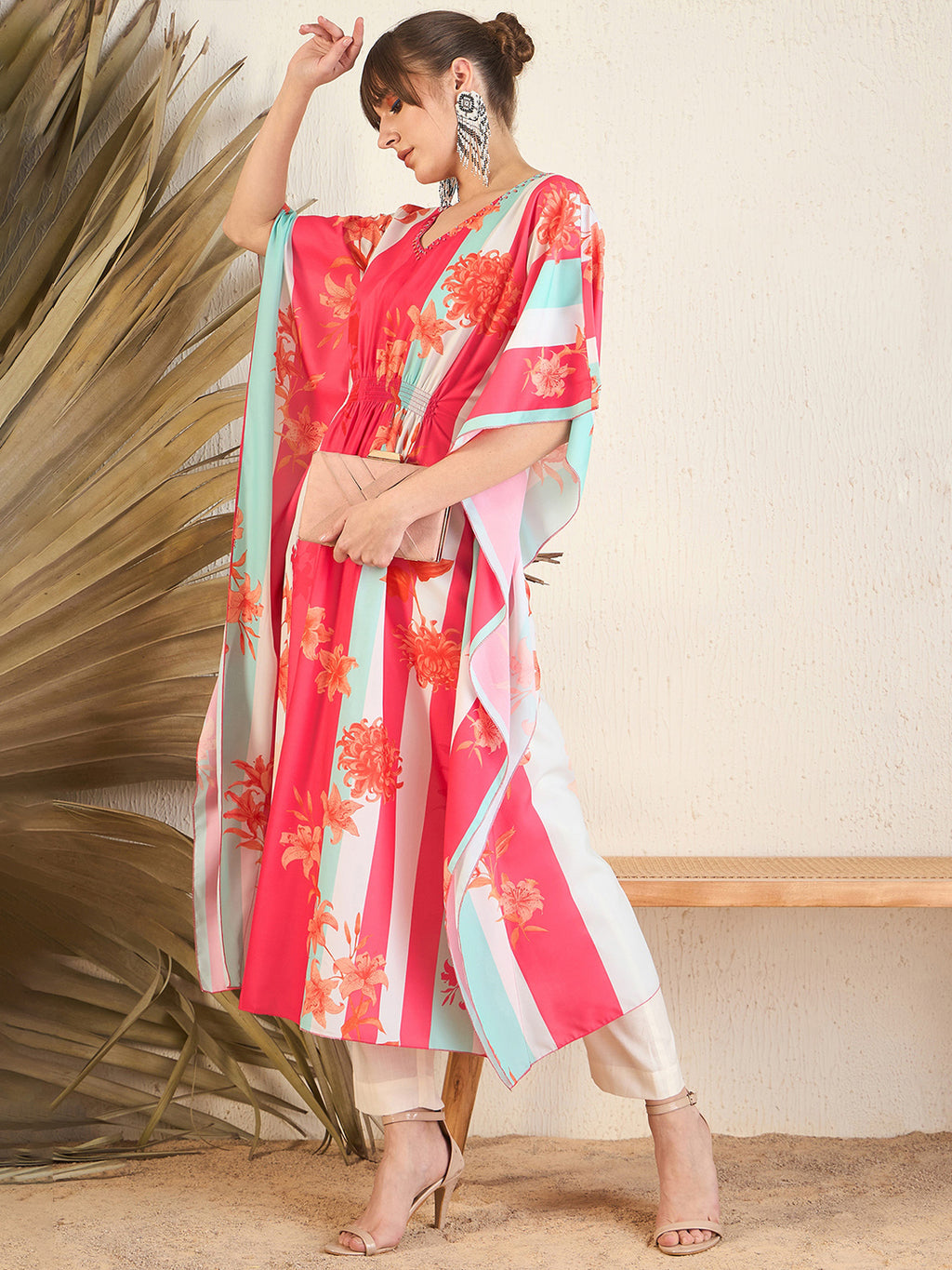 Pink V-Neck Embellished Kaftan Dress