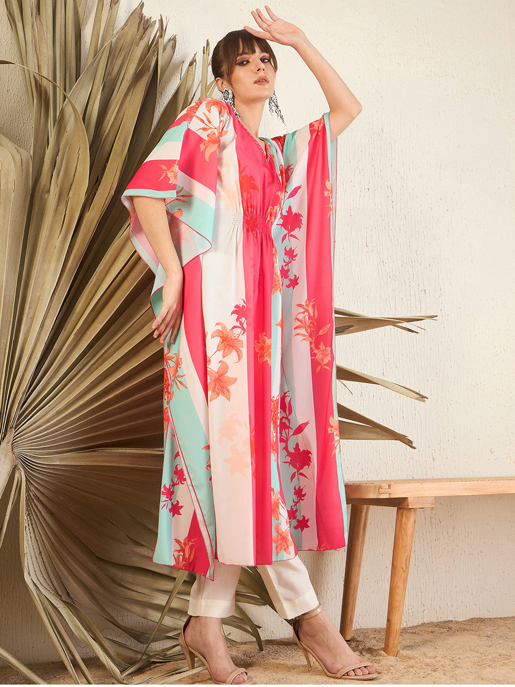Pink V-Neck Embellished Kaftan Dress