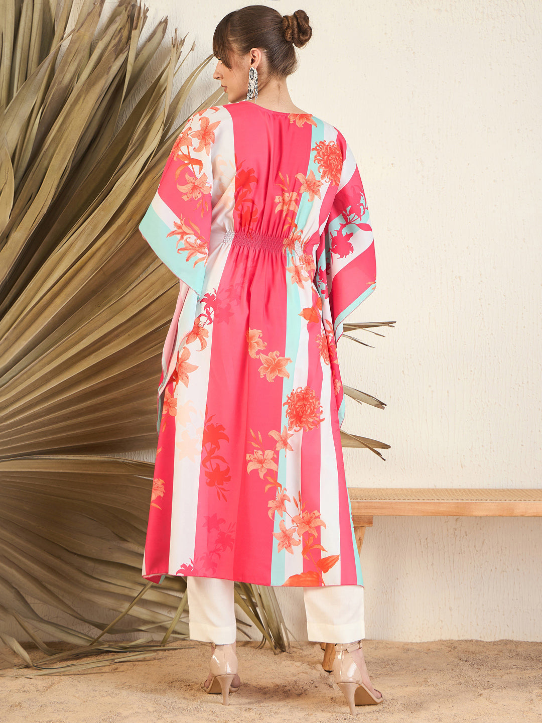 Pink V-Neck Embellished Kaftan Dress