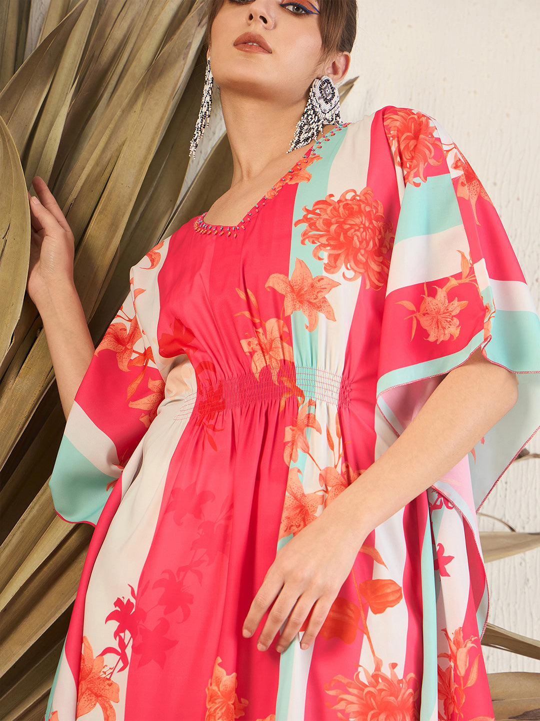 Pink V-Neck Embellished Kaftan Dress