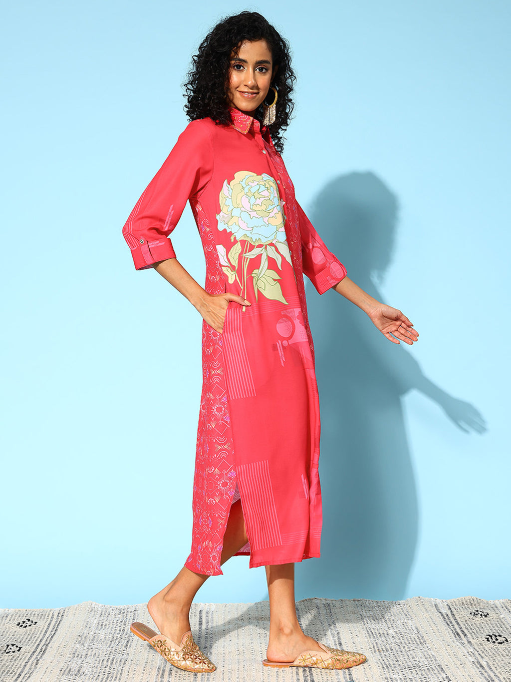 Collar Embellished Shirt Midi Dress