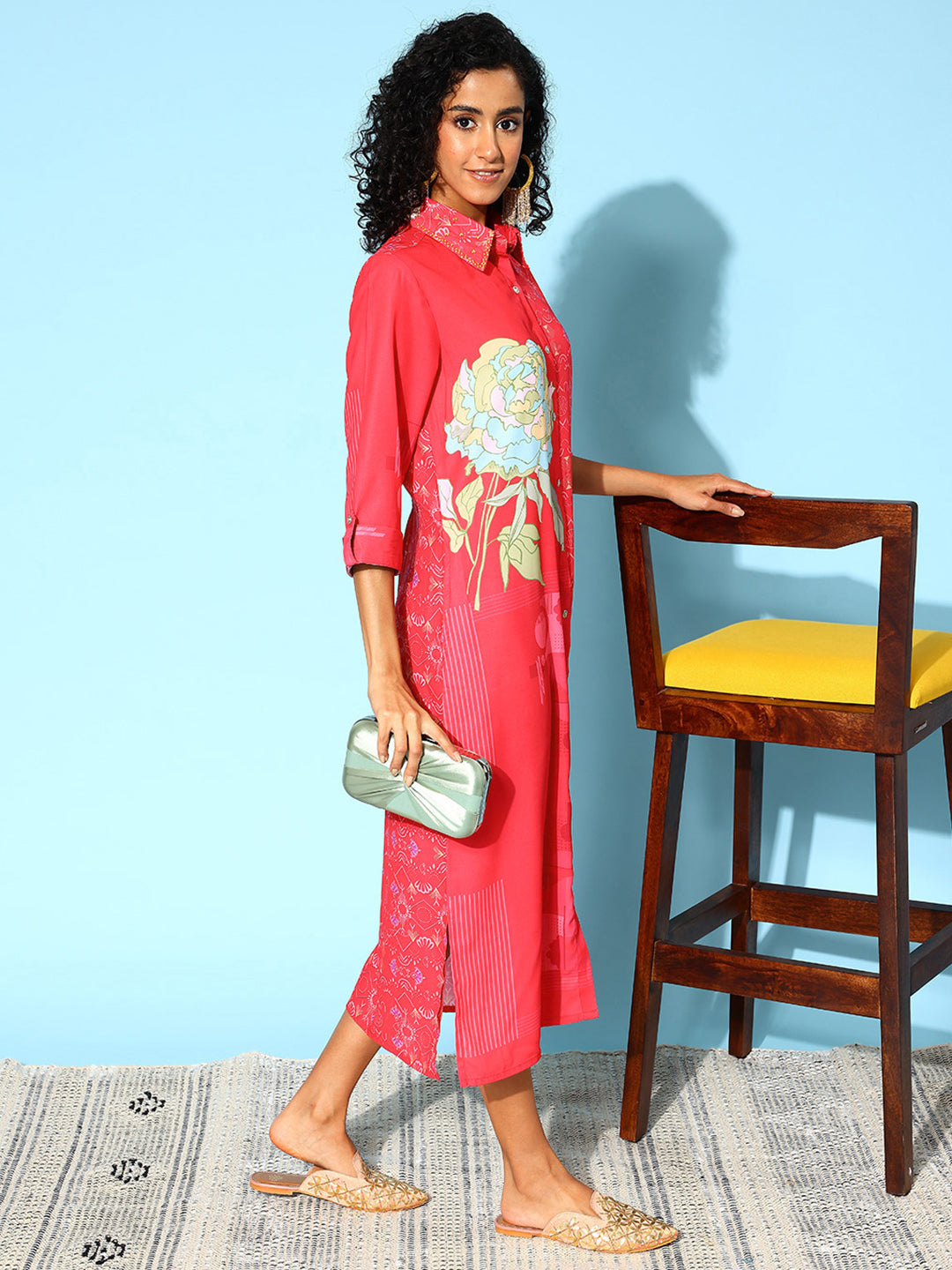 Collar Embellished Shirt Midi Dress