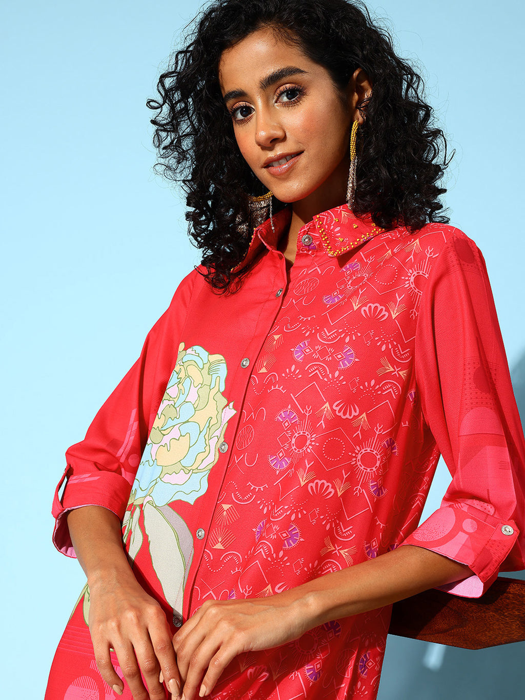 Collar Embellished Shirt Midi Dress