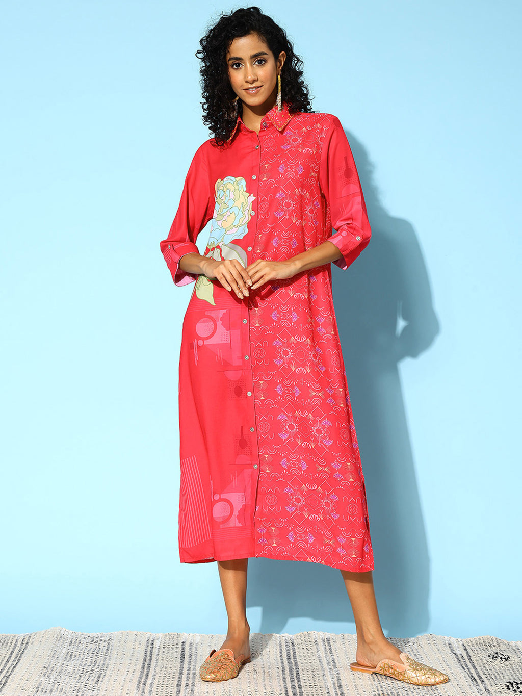 Collar Embellished Shirt Midi Dress