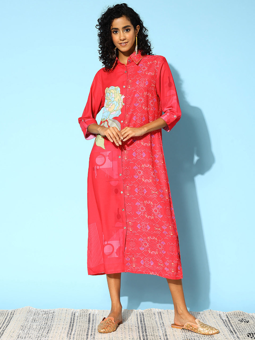 Collar Embellished Shirt Midi Dress