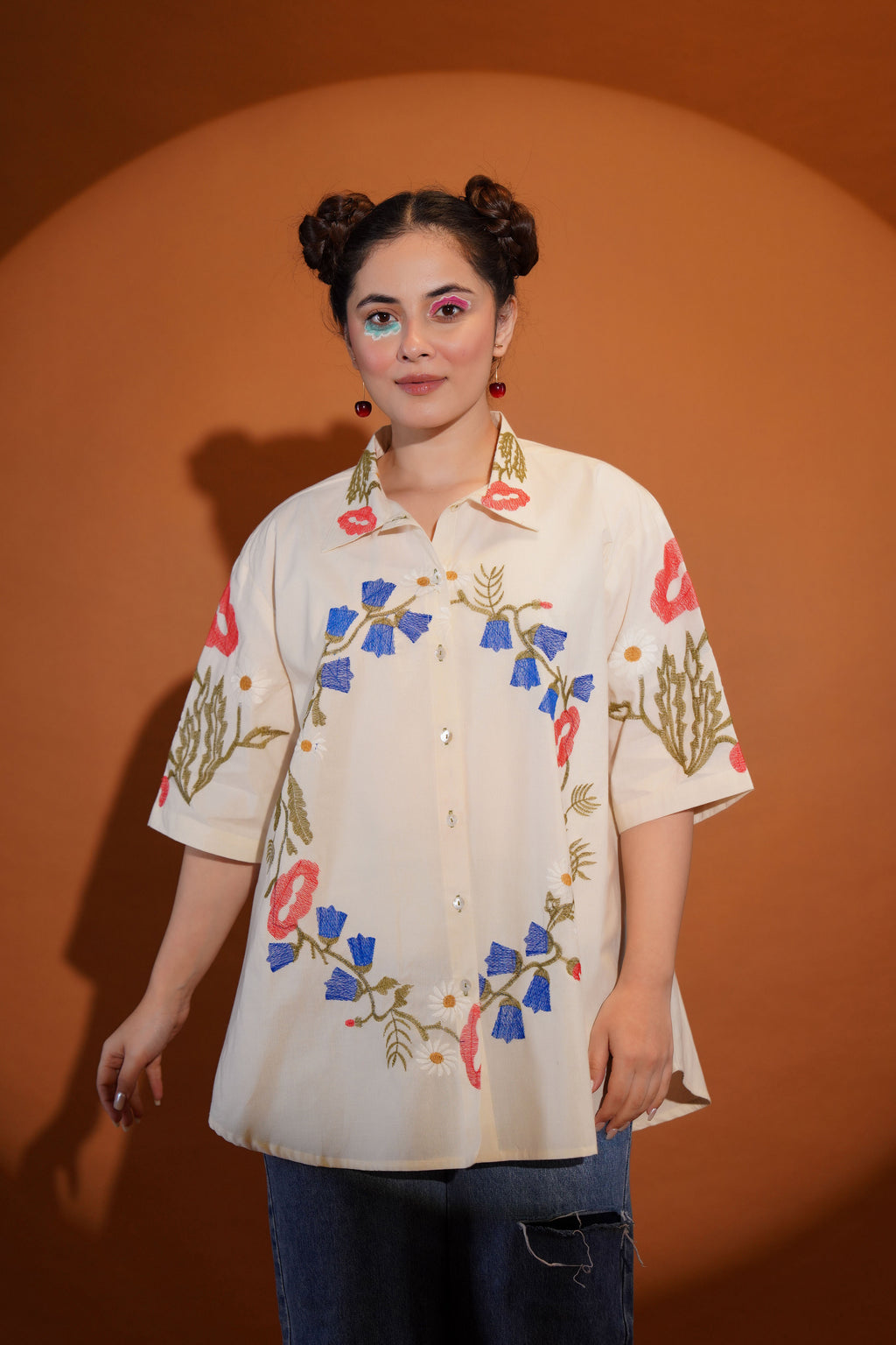 Cotton Off White Floral Embroidered Shirt