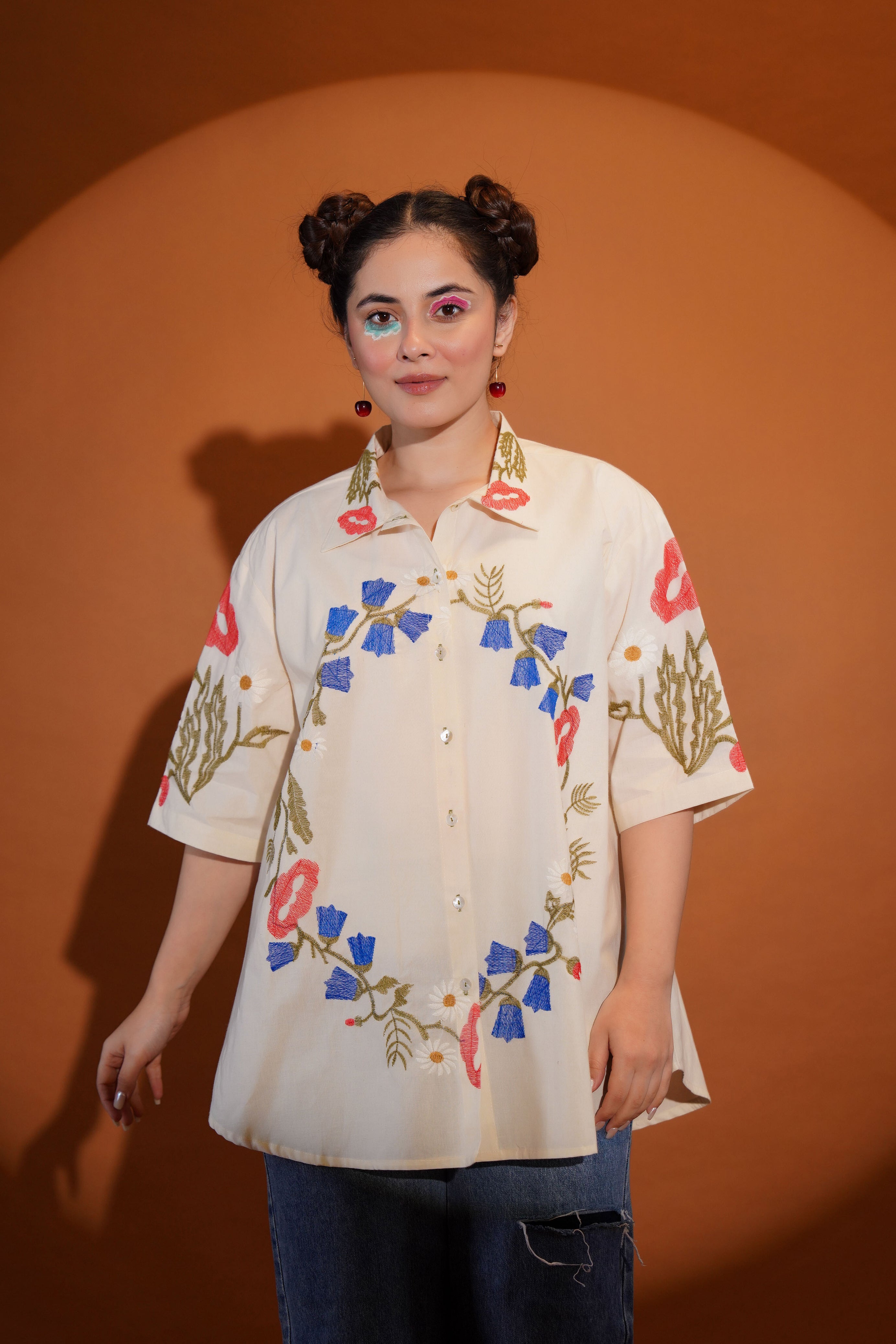 Cotton Off White Floral Embroidered Shirt