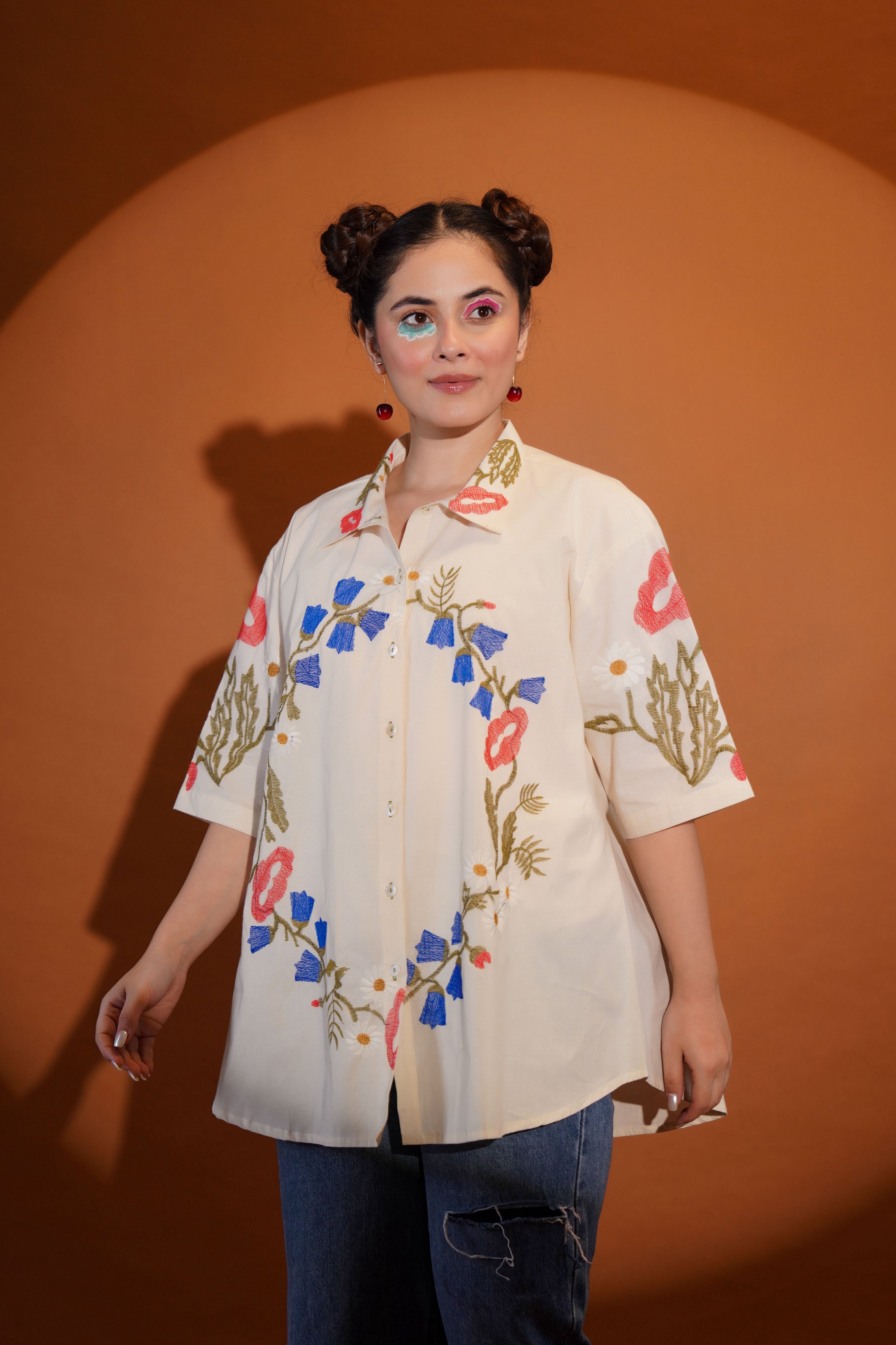 Cotton Off White Floral Embroidered Shirt