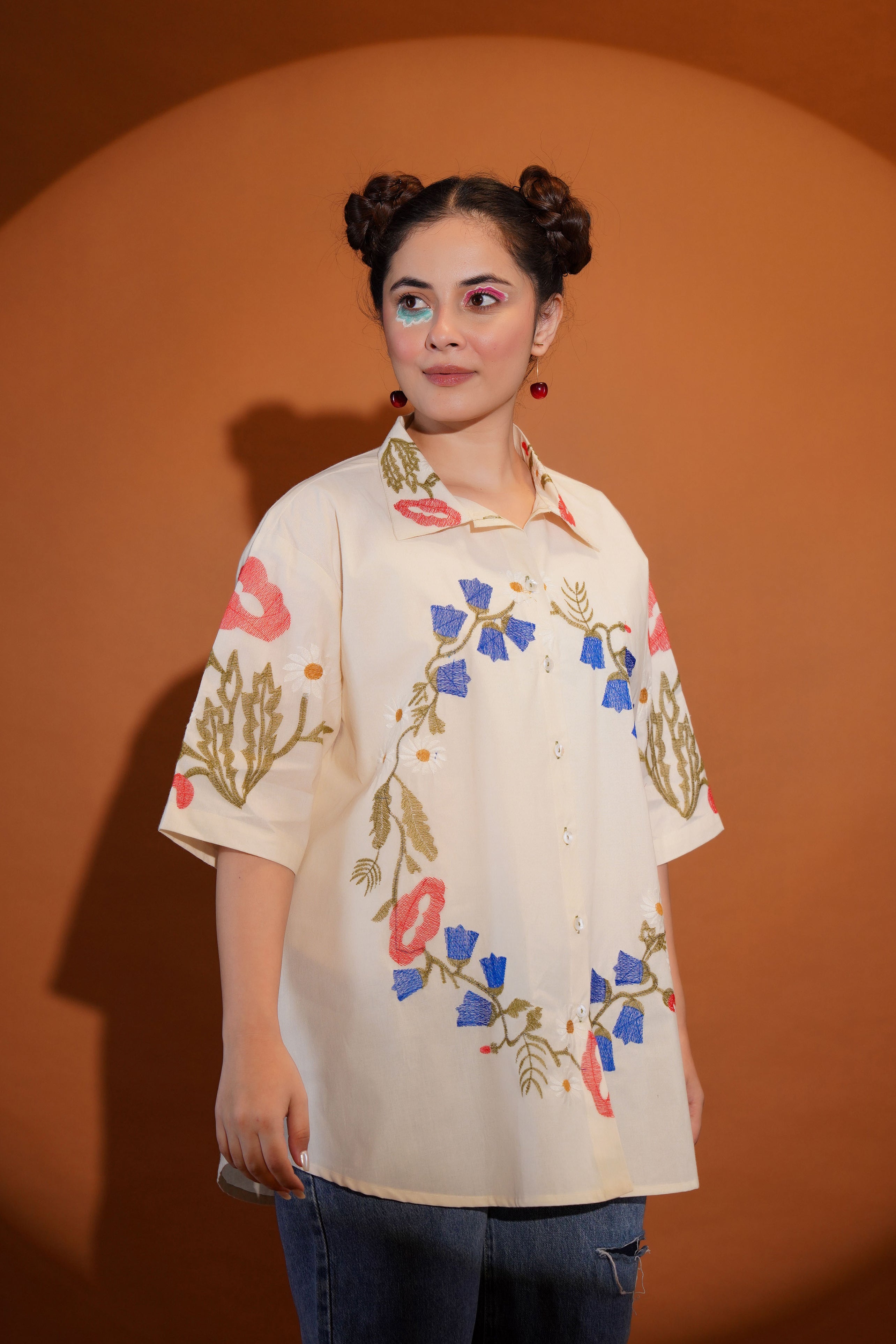 Cotton Off White Floral Embroidered Shirt