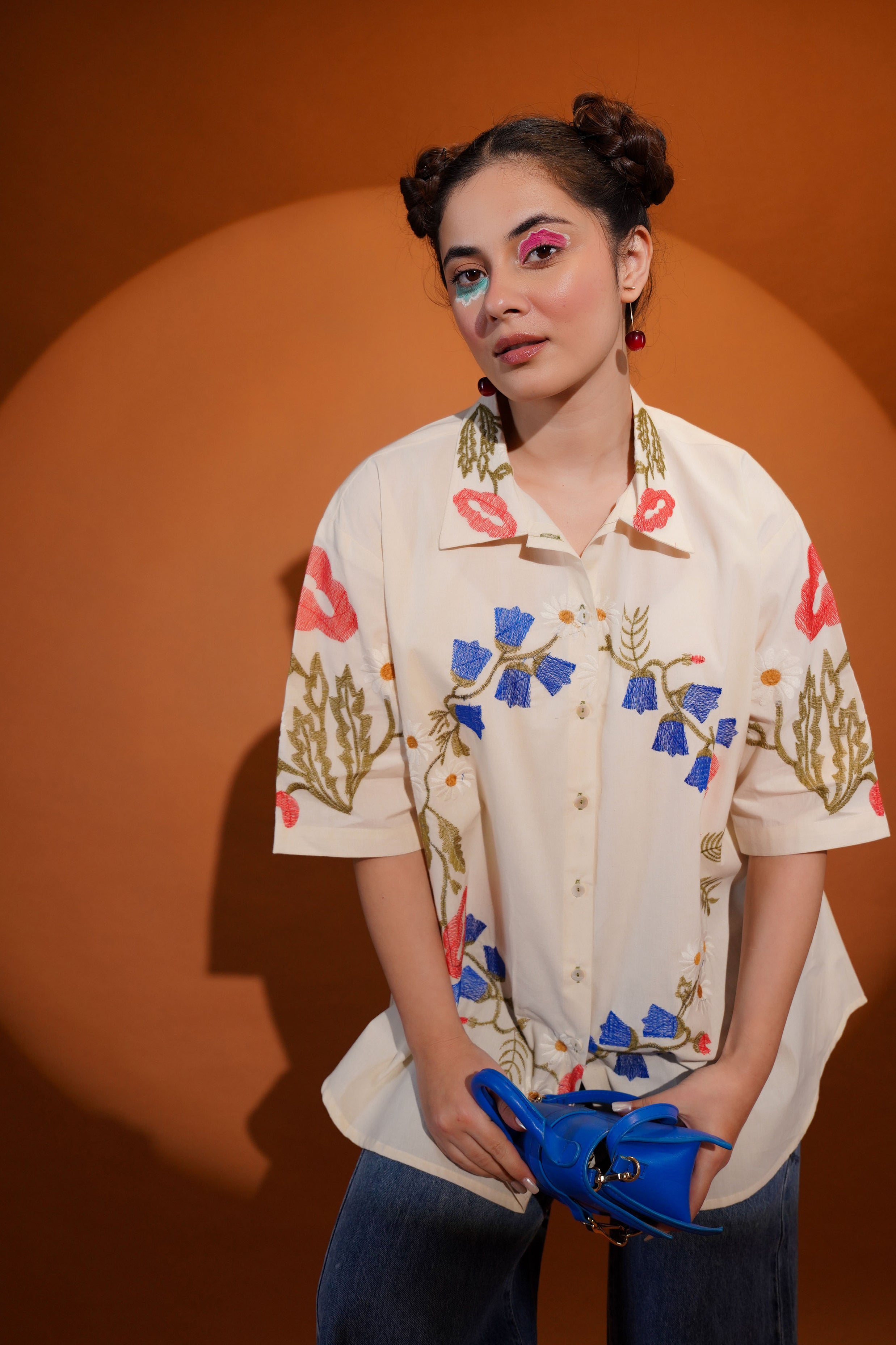 Cotton Off White Floral Embroidered Shirt