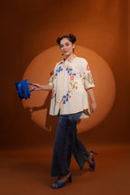 Cotton Off White Floral Embroidered Shirt