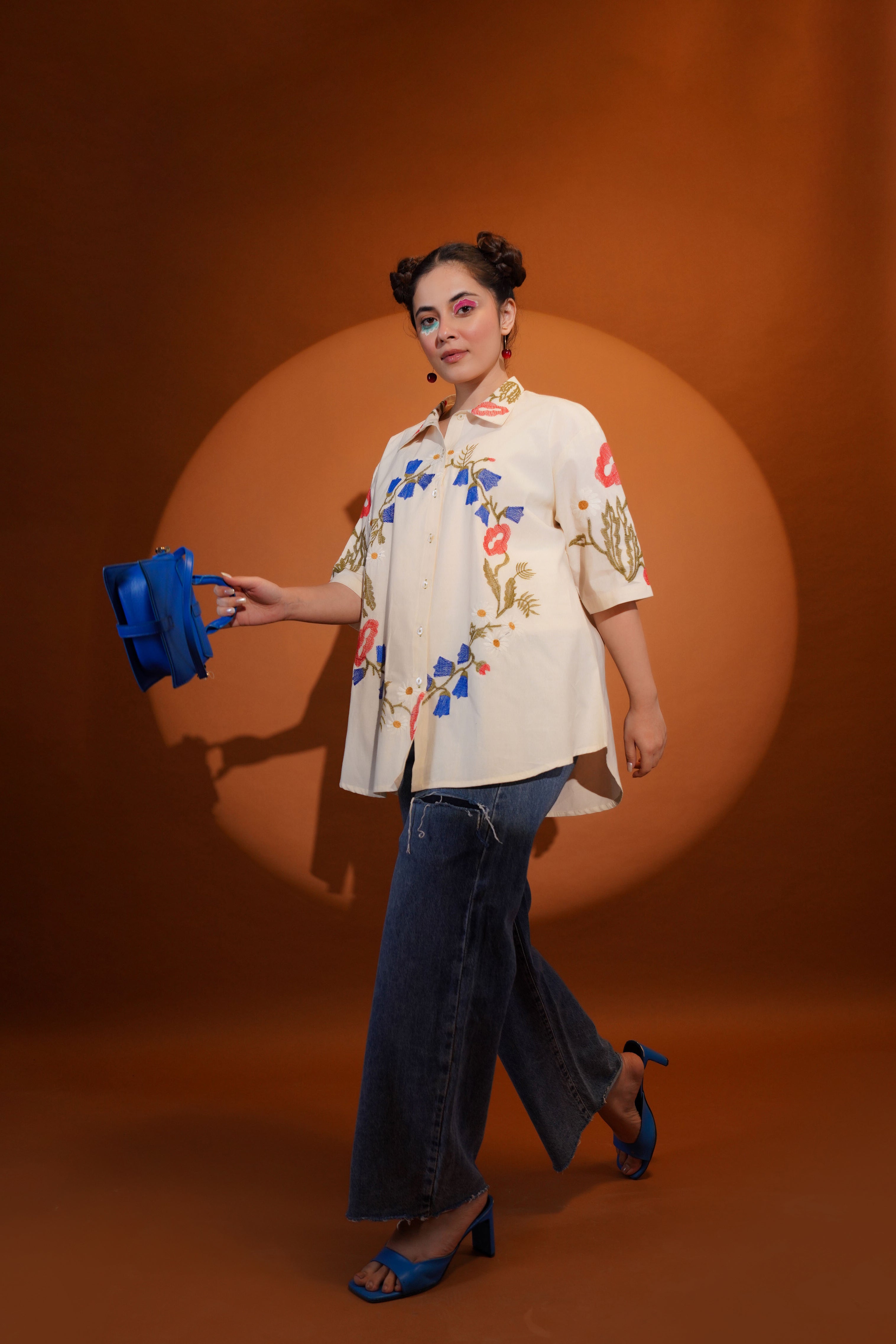 Cotton Off White Floral Embroidered Shirt