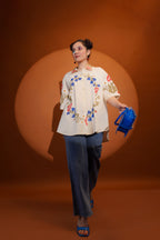 Cotton Off White Floral Embroidered Shirt