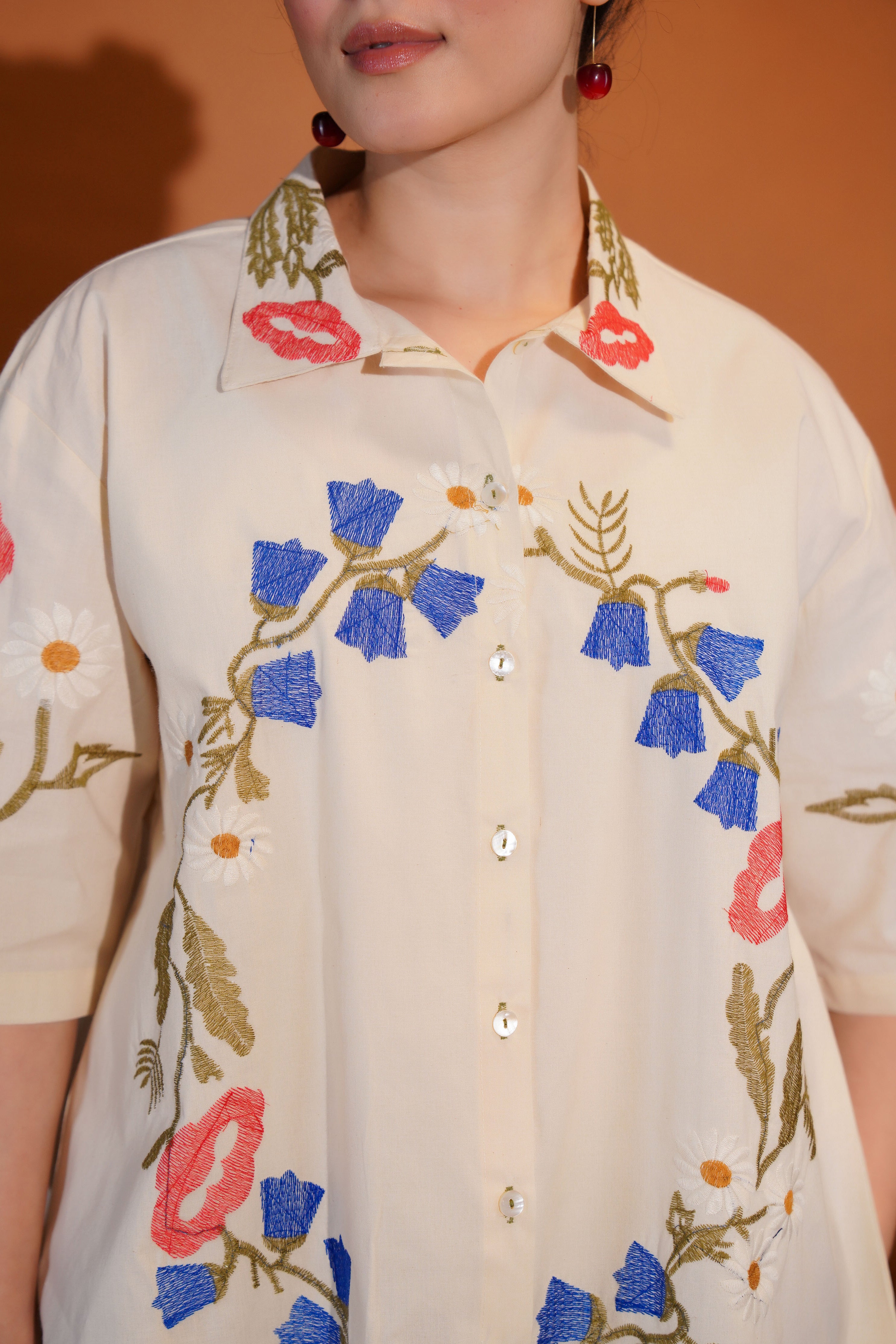 Cotton Off White Floral Embroidered Shirt