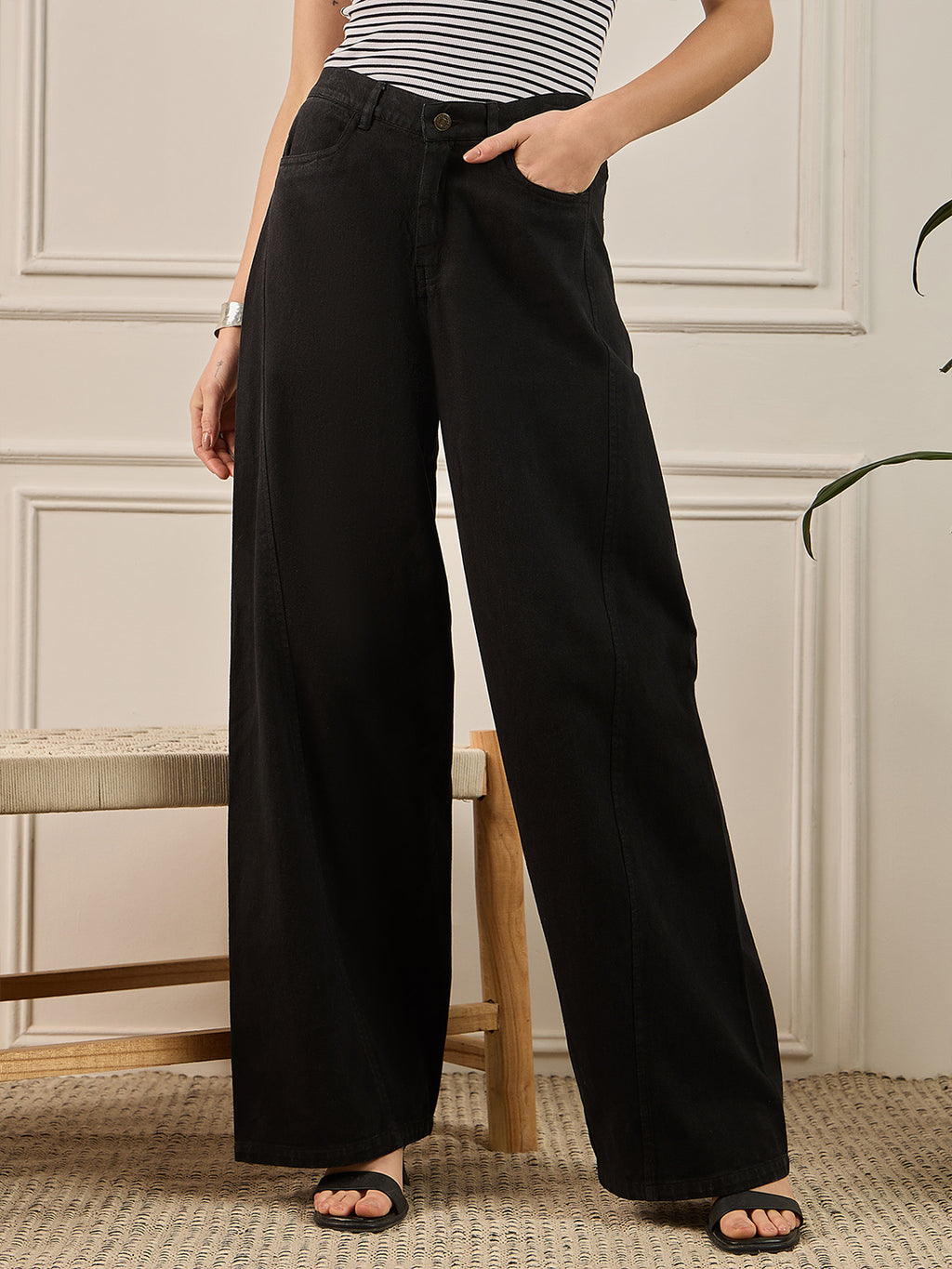 Black Denim Front Seam Wide Leg Jeans