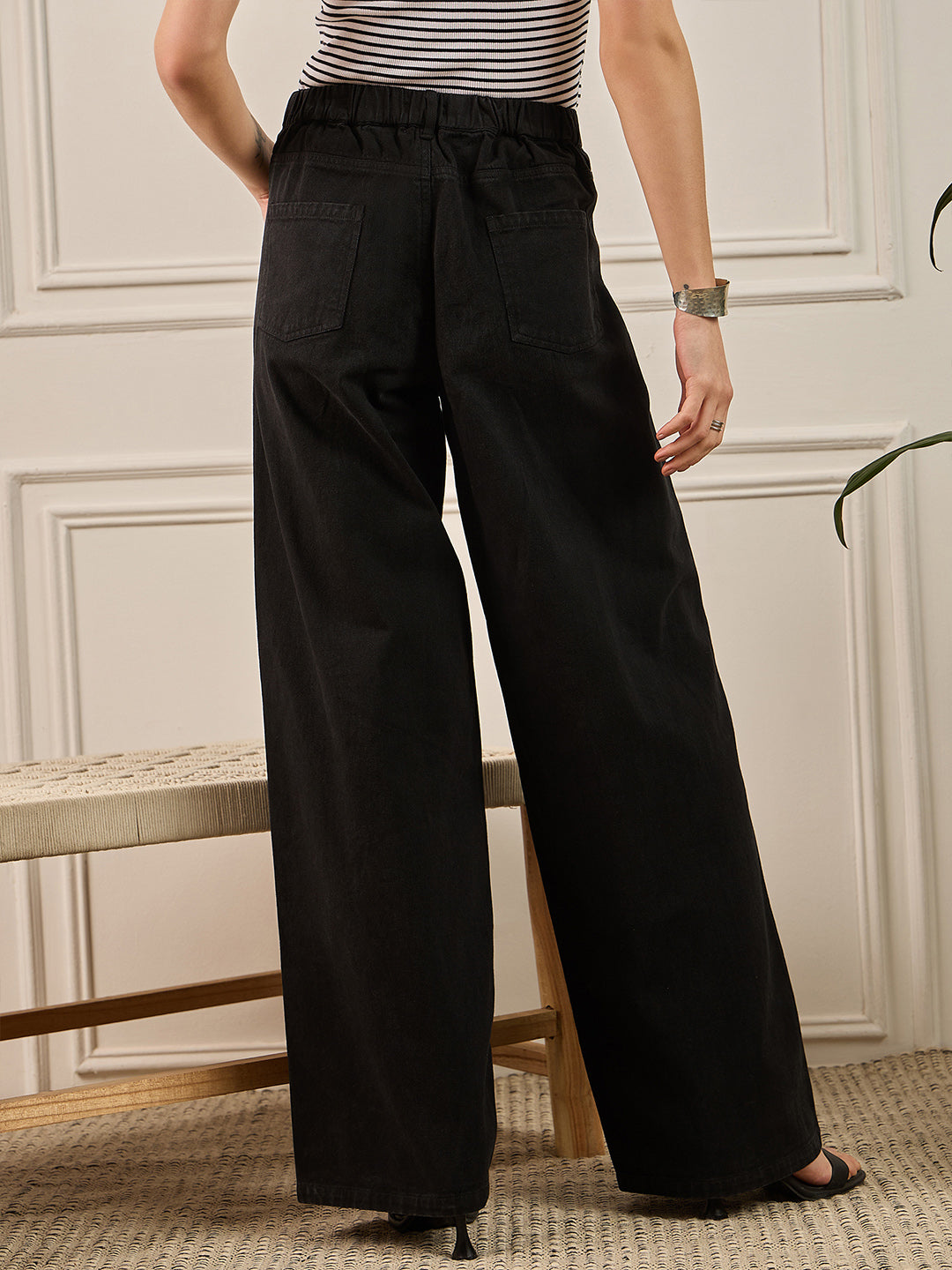 Black Denim Front Seam Wide Leg Jeans