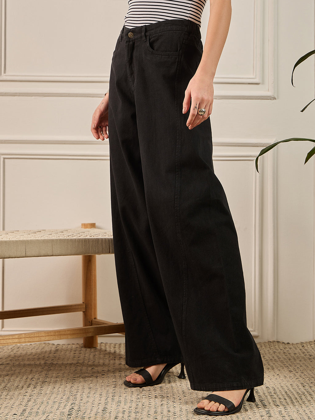 Black Denim Front Seam Wide Leg Jeans
