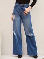 Blue Wash Denim Distressed Straight Fit Jeans