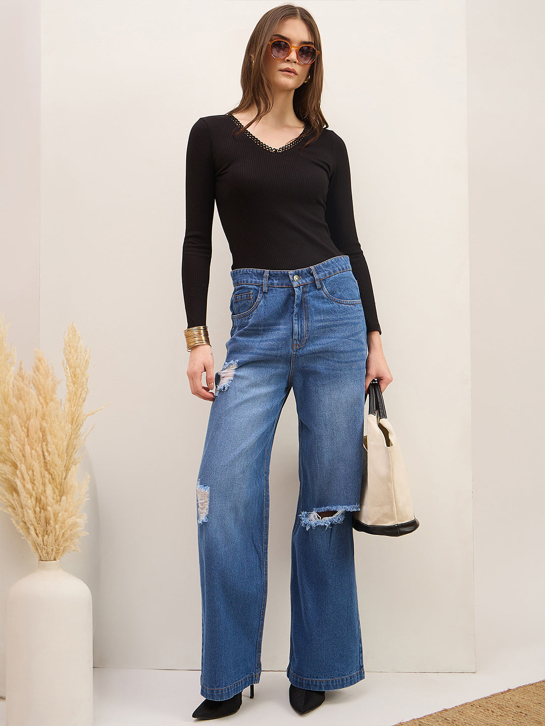 Blue Wash Denim Distressed Straight Fit Jeans