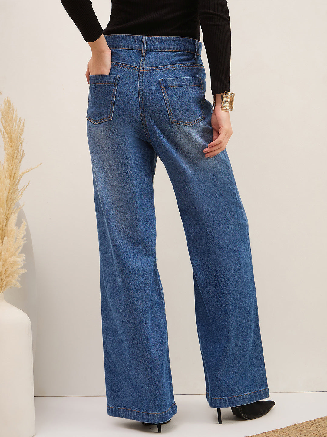 Blue Wash Denim Distressed Straight Fit Jeans